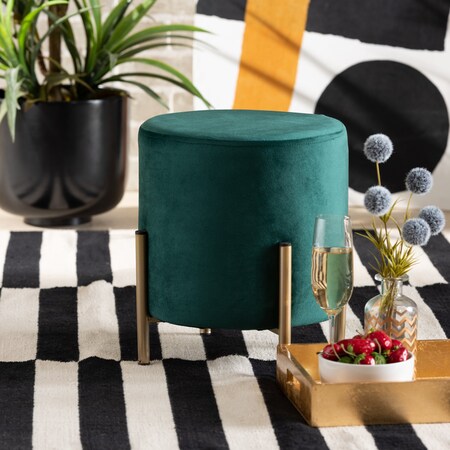 Baxton Studio Thurman Contemporary Glam and Luxe Green Velvet Upholstered and Gold Finished Metal Ottoman 197-12228-ZORO